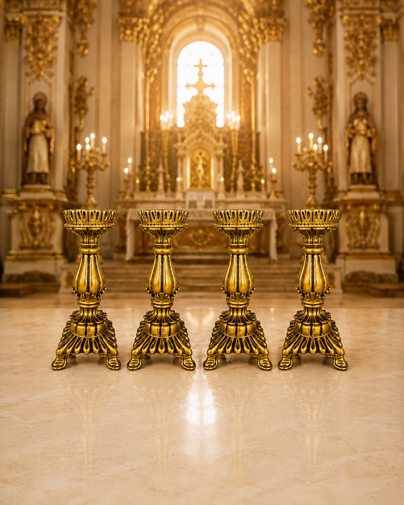 Castiçal artesanal com detalhamento barroco em ouro envelhecido da Kaeru Decorações, sobre um altar iluminado