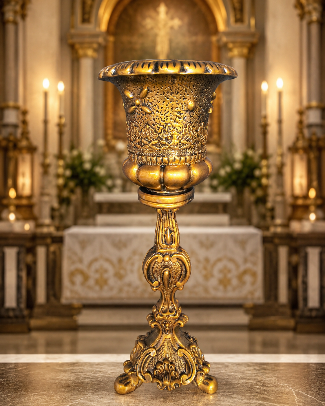 Pedestal Colonial Relicário em acabamento ouro envelhecido da Kaeru Decorações