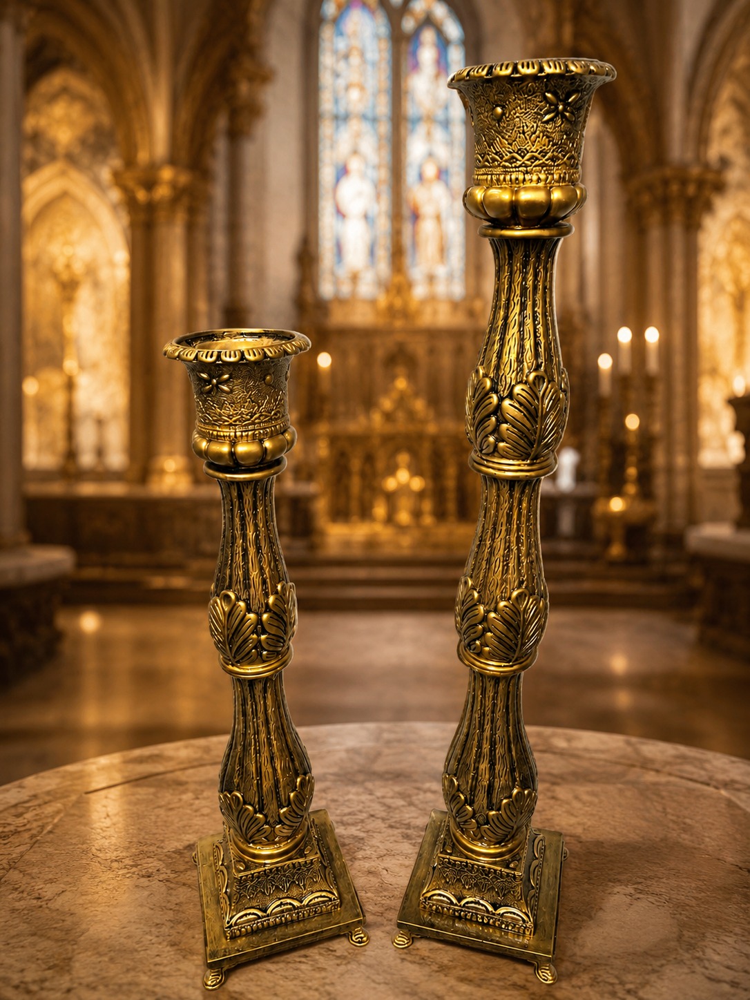 Pedestais Relicário Extra e Grande em acabamento ouro envelhecido da Kaeru Decorações