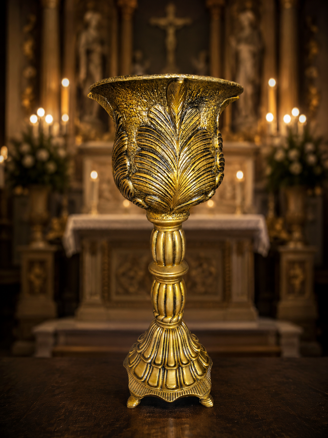 Vaso Cachepô Babado em acabamento ouro envelhecido da Kaeru Decorações